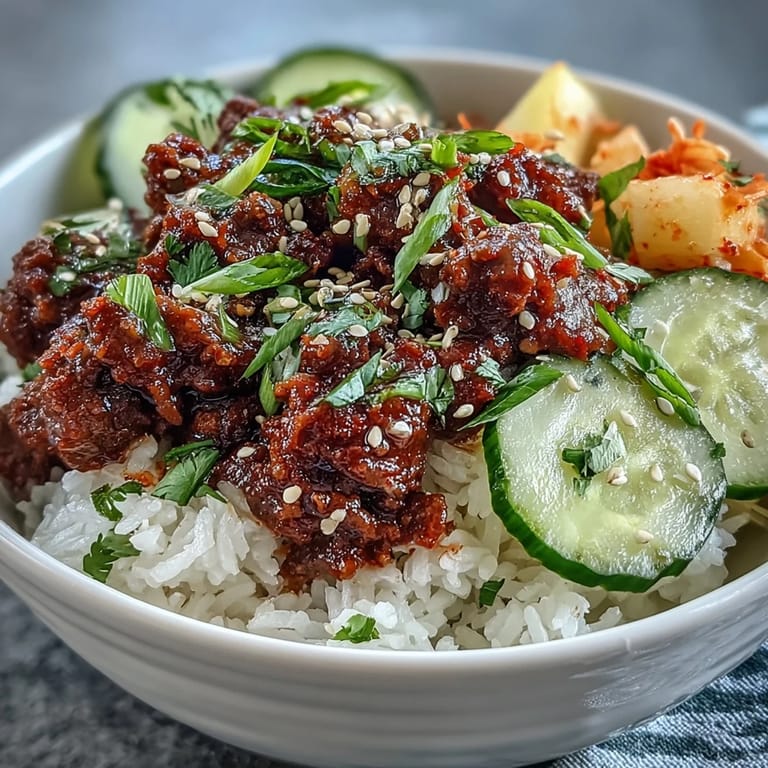 Savory Korean beef bowl with rich gochujang sauce, steamed rice, and crunchy pickled vegetables for a satisfying meal.