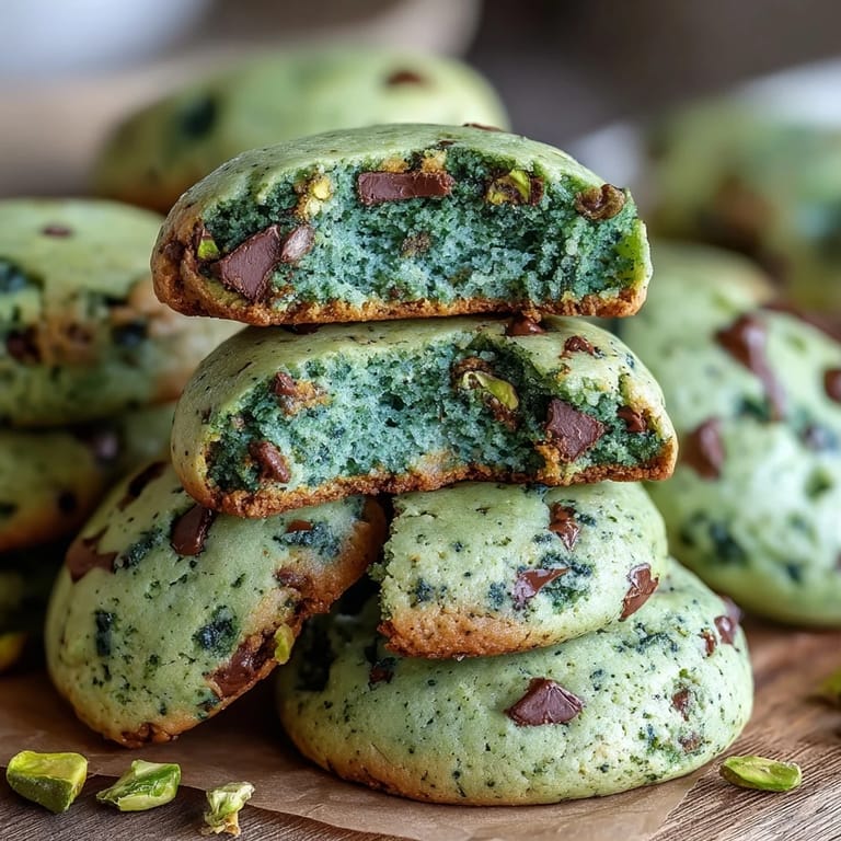 Soft and buttery pistachio cookies, naturally green from spinach, studded with chopped nuts and white chocolate chips.