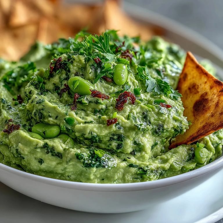 Creamy avocado and edamame blend with garlic and jalapeño, paired with golden, paprika-spiced pita chips.  