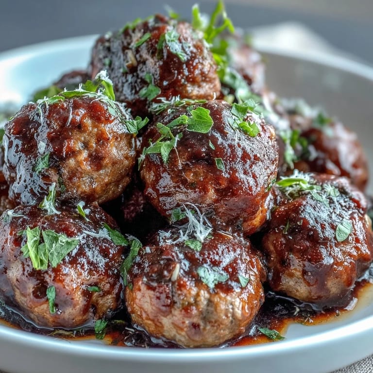 Housewarming party-ready slow cooker meatballs, simmered in rich marinara, garnished with fresh parsley and Parmesan.  