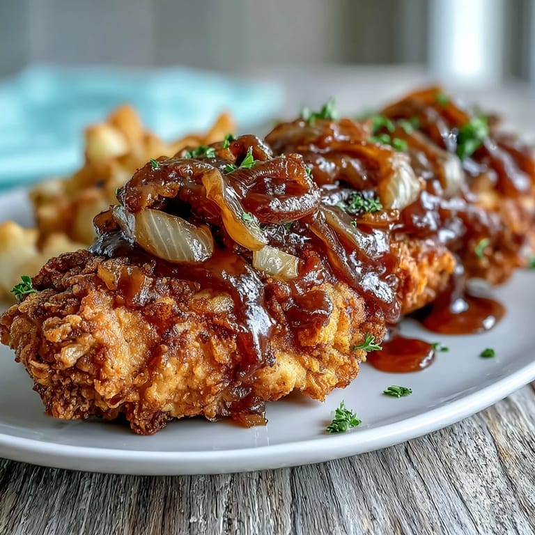 2. Tender, seasoned chicken smothered in homemade onion gravy, served hot with sides for a comforting Southern dinner table.