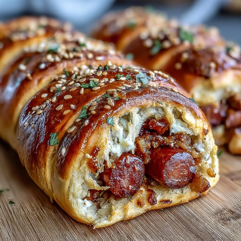 Bite-sized hot dogs baked in crescent dough with sesame seeds, served with ketchup and mustard for dipping.