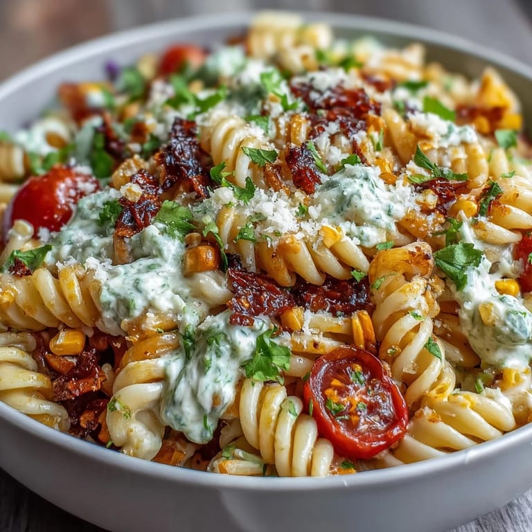 Creamy Elote Pasta Salad with Cotija, Chili and Lime, served chilled with fresh cilantro and a sprinkle of Tajín seasoning.