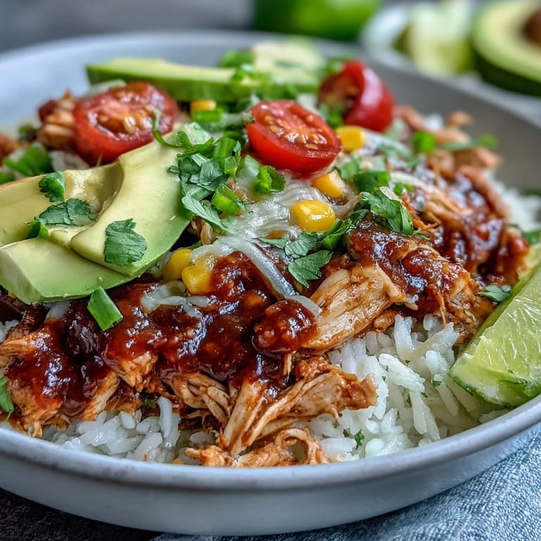 Flavorful shredded salsa chicken in bowls layered with rice, beans, avocado, and melty cheese, finished with a lime wedge.