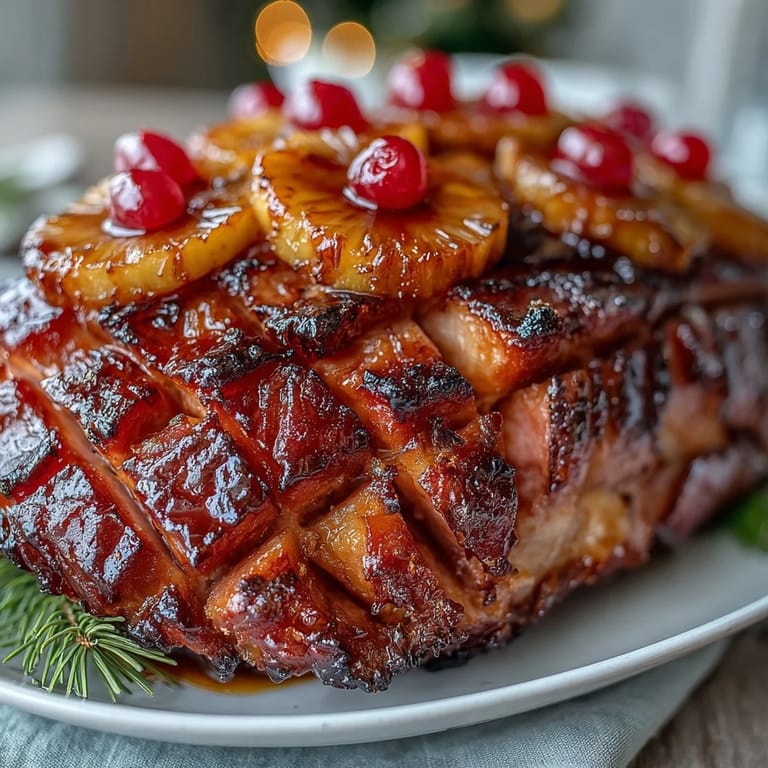 Succulent ham glazed in honey, adorned with pineapple and cherries, perfect for a holiday feast.