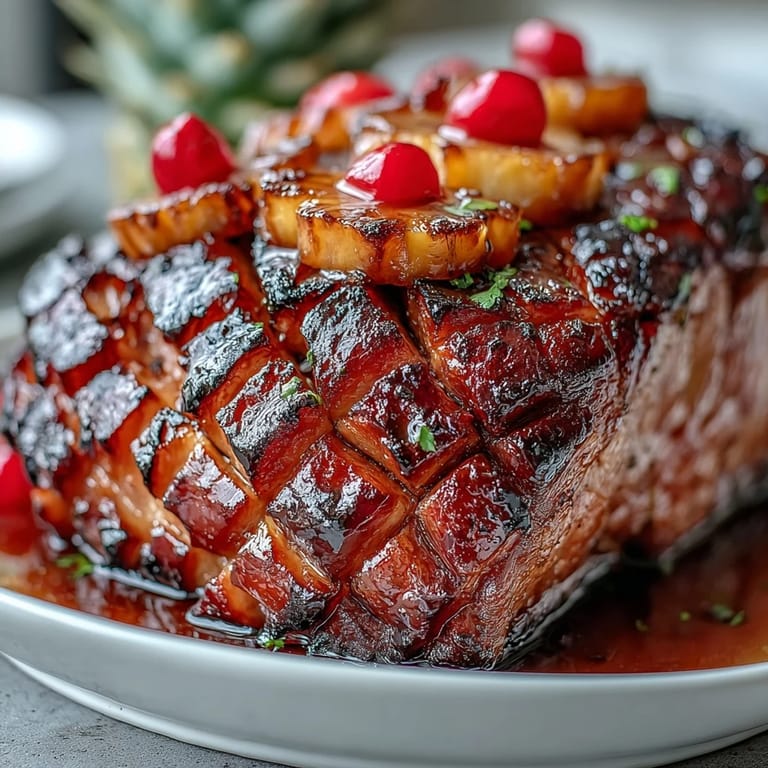 Warm honey glazed ham with caramelized pineapple and maraschino cherries, a showstopping centerpiece for celebrations.