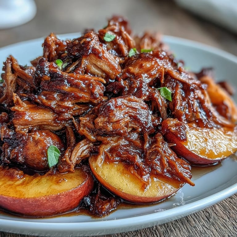 Slow-cooked pulled pork with honey and peaches, piled high on a toasted bun for summer BBQs.
