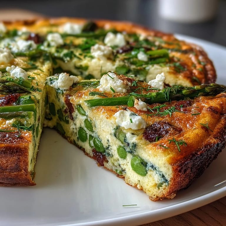 Vibrant Spring Frittata with Asparagus, Peas and Goat Cheese: fluffy eggs baked with bright green veggies and tangy goat cheese.