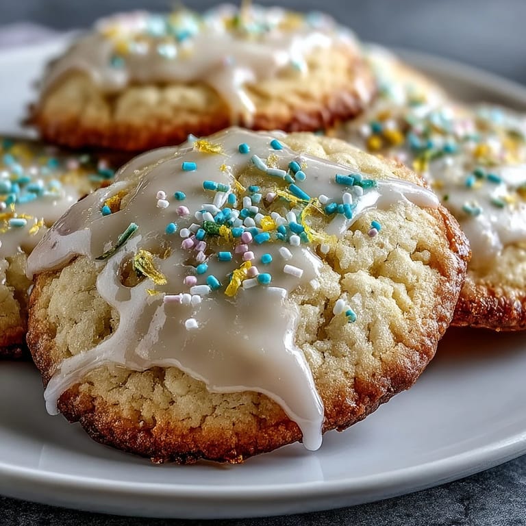 Tender lemon-infused sugar cookies topped with colorful pastel glaze, ideal for seasonal parties.