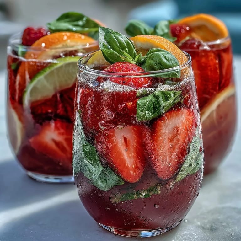 Chilled Strawberry Basil Sangria Mocktail, an easy no-alcohol drink with fresh fruit, basil, and fizzy grape juice for hot days.