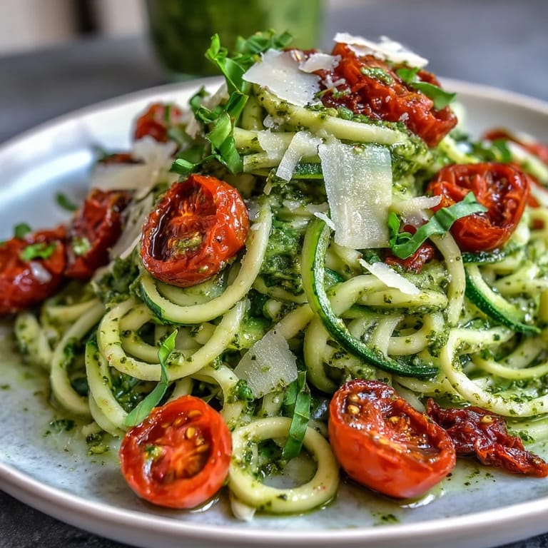 Colorful zucchini noodles coated in creamy pesto, mixed with bright cherry tomatoes for a refreshing and nutritious vegetarian dinner.
