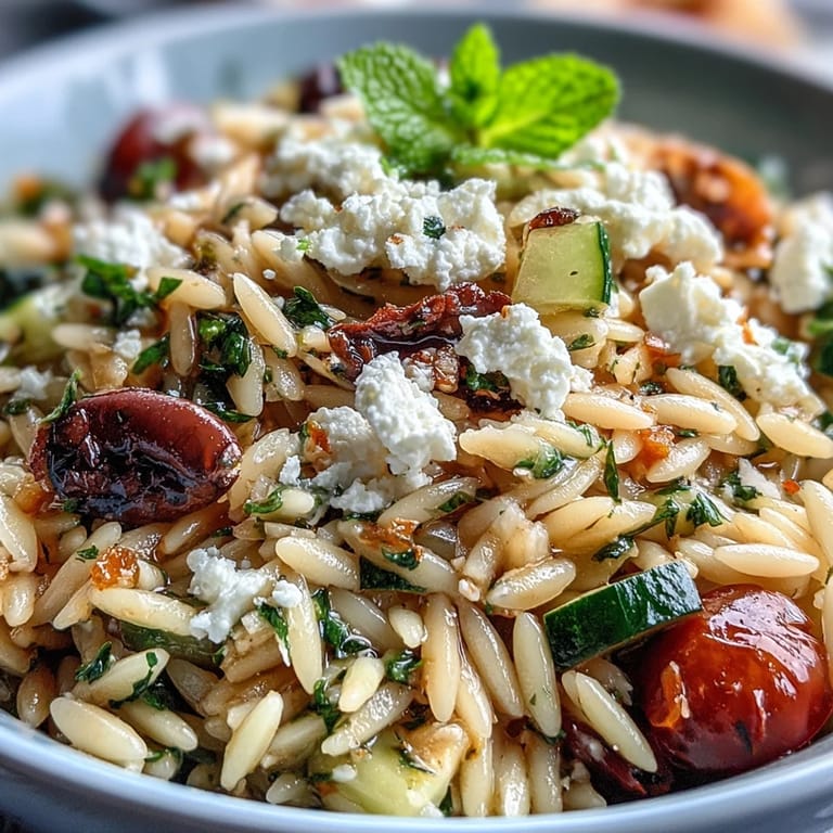 Vibrant orzo pasta salad featuring juicy tomatoes, fresh herbs, and tangy feta tossed in a zesty homemade lemon dressing.