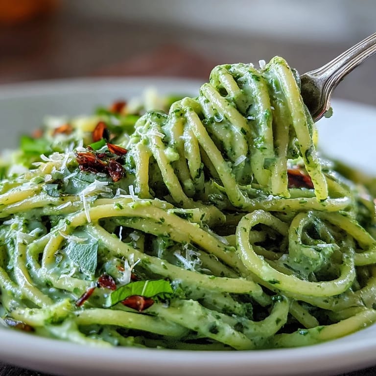 Freshly tossed Creamy Avocado Pesto Pasta, a quick and easy no-cook weeknight meal.