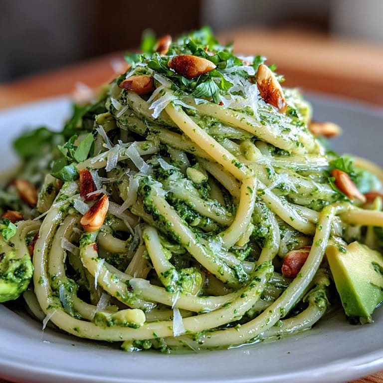 Delicious Creamy Avocado Pesto Pasta, garnished with Parmesan and perfect for a summer lunch.