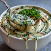 Creamy parsnip and herb soup served warm in a rustic bowl, garnished with fresh parsley and a drizzle of cream.