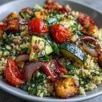 Fluffy quinoa vegetable pilaf filled with roasted bell peppers, zucchini, and carrots, garnished with fresh parsley and lemon.  