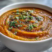 A vibrant bowl of Carrot Ginger Soup, garnished with fresh cilantro and a swirl of creamy coconut milk, ready to serve.