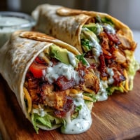 Golden-brown Crispy Chicken Bacon Wrap sliced on a wooden board, stuffed with bacon, cheddar, avocado, and fresh lettuce.