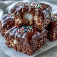 Chocolate Covered Rice Krispy Treats stacked on a white plate, drizzled with glossy chocolate and sprinkled with rainbow topping for a colorful party dessert.