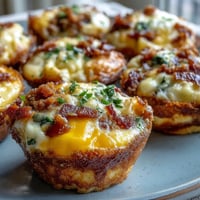 Golden brown Breakfast Egg Muffins with melted cheddar cheese peeking out, bacon, and peppers sit on a rustic wooden board.