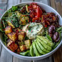 Freshly roasted Mediterranean vegetables and creamy hummus top a vibrant Vegan Mediterranean Buddha Bowl, ready to serve.