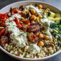 A close-up of Mediterranean Buddha Bowl Meal Prep showing fluffy bulgur, roasted eggplant, and vibrant peppers in containers.