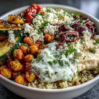 A colorful Mediterranean Buddha Bowl filled with roasted vegetables, quinoa, chickpeas, and creamy hummus topped with feta cheese and olives.  