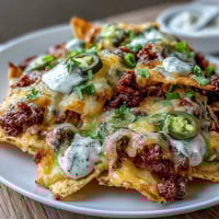 Loaded Baseball Nachos with Jalapeños and Cheese Sauce: crispy tortilla chips piled high with seasoned beef, melted cheese sauce, and spicy jalapeños.