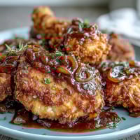 1. Soul Food Smothered Chicken with Onion Gravy in a cast-iron skillet, golden chicken pieces nestled in rich, savory onion gravy.