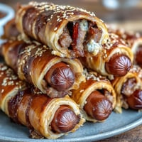 Golden mini hot dogs wrapped in flaky crescent roll dough, perfect for game day snacks or kid-friendly appetizers.