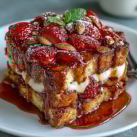 Vibrant Spring Brunch Strawberry French Toast Bake with golden brioche and fresh berries in a creamy custard, topped with almonds and sugar.