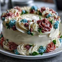 Elegant layered vanilla cake with floral buttercream, celebrating a Taurus birthday and graduation with gold leaf accents.