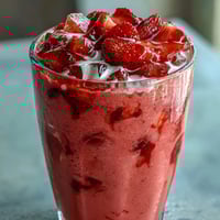 Refreshing pink drink with strawberry açaí and coconut milk, topped with fresh strawberry slices for a vibrant, fruity flavor.