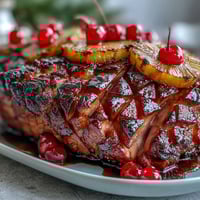 Honey glazed ham with pineapple rings and cherries, golden and glistening, ready to slice and serve.