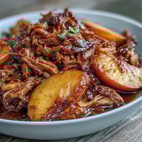 Honey peach BBQ pulled pork in a slow cooker, juicy and tender with sweet peach slices in tangy sauce.