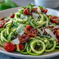 Fresh zucchini noodles tossed with basil pesto and juicy cherry tomatoes, a light Mediterranean-inspired vegetarian dish.  