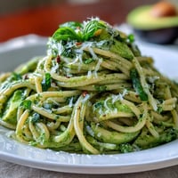 Creamy Avocado Pesto Pasta with vibrant green sauce, ready in minutes by food processor.